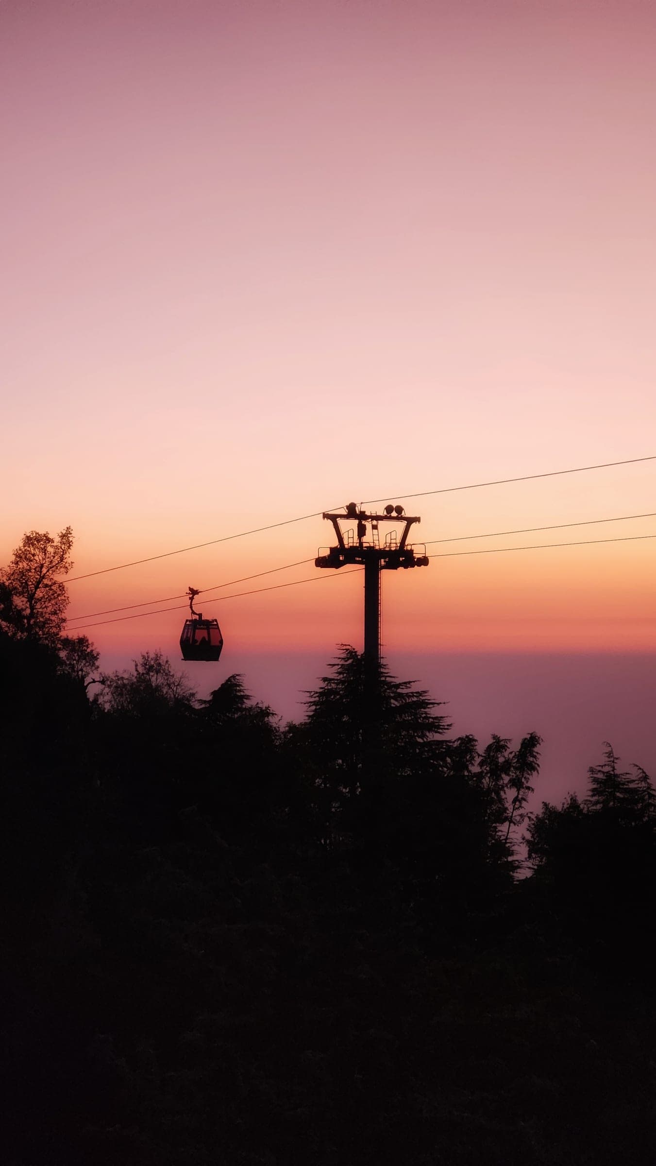 A cable car and its pylon in silhouette against a pink and orange sunset, dark conifers below.